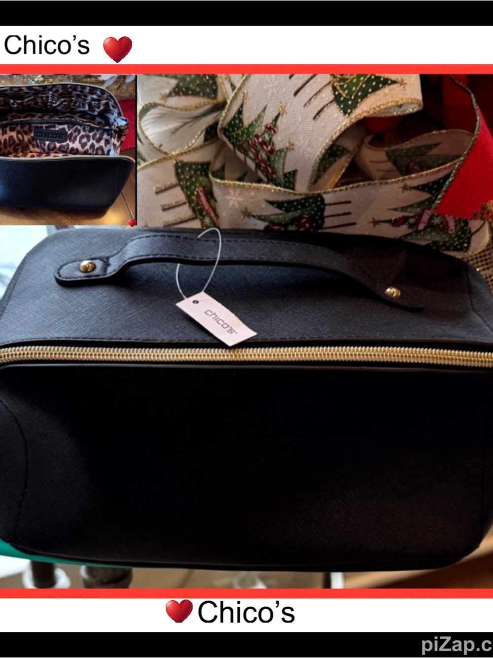 NWT ~ CHICO’S BLACK BAG VANITY CASE w/Gold Accents & Leopard interior